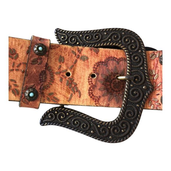 Nanni Made in Italy Leather Boho Cowboy Belt w/ Rhinestone and Turquoise Details - Picture 3 of 11